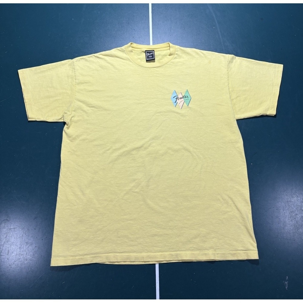 Vintage Fender Guitar T Shirt Men's 2XL Pale Yellow Single Stitch Made USA 90s